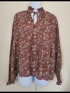 Max Studio Rust Floral Smocked Tie-Neck Blouse